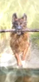 Dog running with stick in a sunlit forest stream.