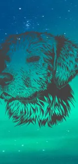 Dog silhouette on a turquoise night sky mobile wallpaper.