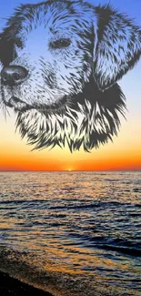 Dog silhouette over ocean sunset wallpaper.