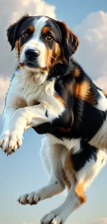 Playful dog jumping against a blue sky with clouds.