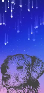 Artistic dog sketch with starry sky on a mobile wallpaper.