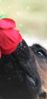 Curious dog sniffing a red rose bloom.