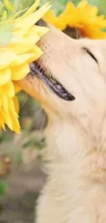 Dog enjoys the scent of a sunflower, creating a peaceful nature wallpaper.