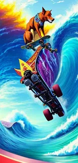 Dog surfing a skateboard on a massive ocean wave with bright colors.