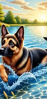 German Shepherd happily swimming in a scenic lake with a sunset backdrop.
