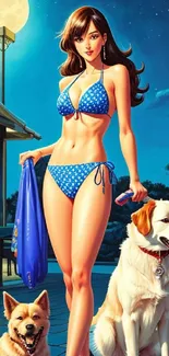 Fashionable woman in blue bikini with dogs in moonlit night.