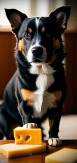 Cute dog posing with cheese blocks on a table.