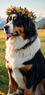 Dog wearing a flower crown in a sunny mountain field.