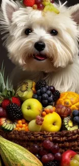 Cute dog with colorful fruit basket.