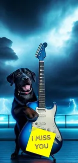 Dog with guitar under dramatic stormy blue sky