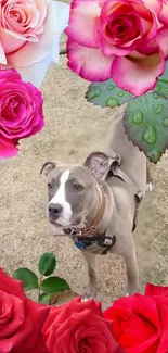 Dog with vibrant roses on beige background wallpaper.