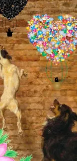 Whimsical dogs jumping for colorful balloons against a brick wall.