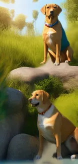 Two brown dogs on rocks in lush green nature with sunlight.