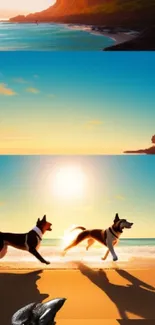 Two dogs joyfully running on a sunlit beach with a serene ocean and sky.