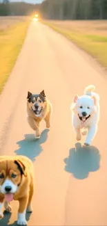 Three dogs running down a sunlit countryside road.