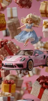Barbie doll with toy car and colorful gift boxes on pink background.