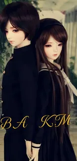 Doll couple standing under an archway with dark attire and vintage style.