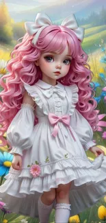 Pink-haired doll in a flowery landscape.