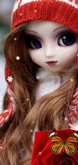 Whimsical doll with winter hat and butterfly accent on phone wallpaper.