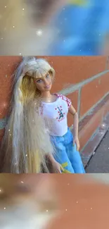 Doll with long blonde hair against a brick wall.