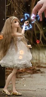 Lifelike doll in dress reaches for human hand outdoors.