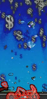 Mobile wallpaper with dollar signs and diamonds on a blue background.