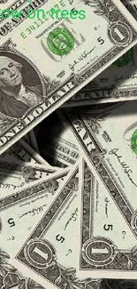 Pile of one dollar bills forming a textured mobile wallpaper.