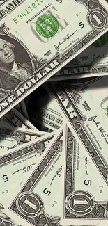 A vibrant wallpaper featuring scattered dollar bills.