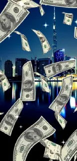 Floating dollars over a vibrant cityscape at night.