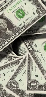 Realistic dollar bill stack wallpaper for mobile screen.