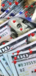 Dollar bills with floating red hearts design.