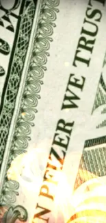 Dollar bill motif with 'In Pfizer We Trust' text on wallpaper.