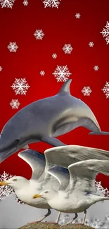 Dolphin and seagulls with snowflakes on a red backdrop.