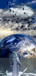 Dolphin leaping in front of Earth with birds and ocean.