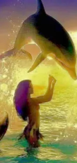 Mystical dolphin and mermaid at sunset in a vibrant ocean scene.