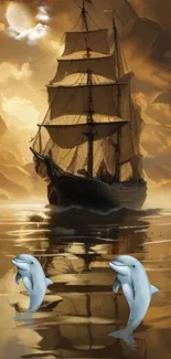 Sailing ship with dolphins in golden sea.