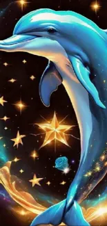 Fantasy dolphin with stars in blue tones on mobile wallpaper.