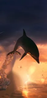 Dolphin jumping at sunset with vibrant orange hues.