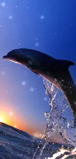 Dolphin leaping over waves against a sunset backdrop.