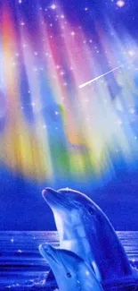 Dolphins frolic under a vibrant aurora borealis in an oceanic night scene.