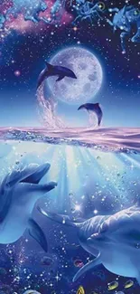 Mystical dolphins under a moonlit sky with vibrant ocean colors.