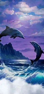 Dolphins leaping in a purple twilight ocean scene.