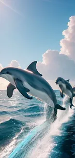 Three dolphins leap in a sunlit ocean scene with clouds and waves.