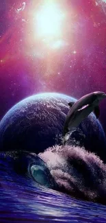 Dolphin leaping in a cosmic galaxy scene with ocean waves.