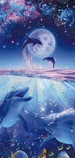 Fantasy wallpaper with dolphins and stars in a cosmic ocean scene.