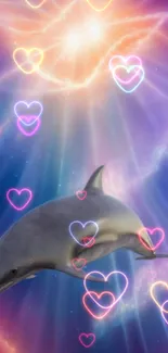 Fantasy dolphin in galaxy with glowing hearts.