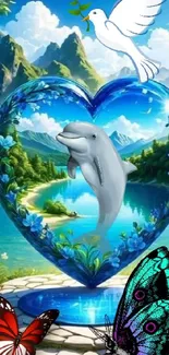 Dolphin in a heart with butterflies and a dove in a scenic landscape.