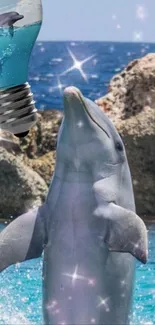 Dreamy ocean view with a dolphin and lightbulb.