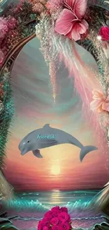 Dolphin jumps through floral arch with sunset background.