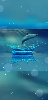 Dolphin leaping over blue ocean with bubbles in serene mobile wallpaper.